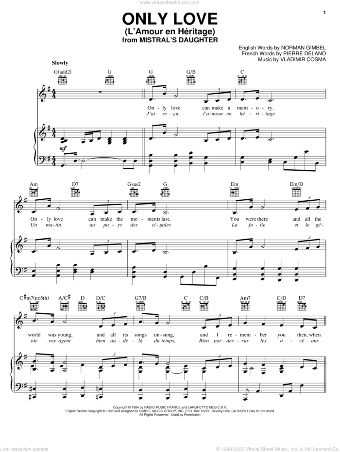 Only Love (L'Amour en Heritage) sheet music for voice, piano or guitar by Norman Gimbel, Nana Mouskouri, Pierre Delanoe and Vladimir Cosma, intermediate skill level