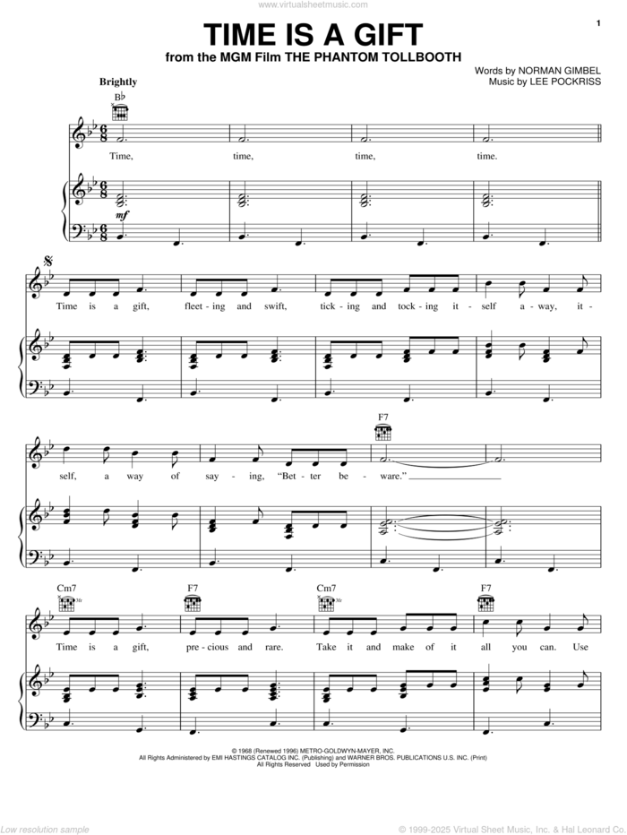 Time Is A Gift sheet music for voice, piano or guitar by Norman Gimbel and Lee Pockriss, intermediate skill level