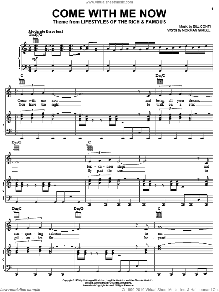 Come With Me Now sheet music for voice, piano or guitar by Norman Gimbel and Bill Conti, intermediate skill level