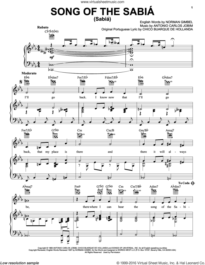 Song Of The Sabia (Sabia) sheet music for voice, piano or guitar by Antonio Carlos Jobim, Frank Sinatra, Chico Buarque De Hollanda and Norman Gimbel, intermediate skill level