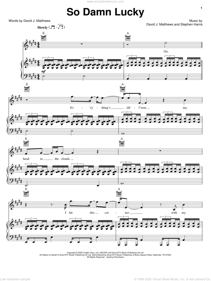 So Damn Lucky sheet music for voice, piano or guitar by Dave Matthews, David Matthews and Steve Harris, intermediate skill level