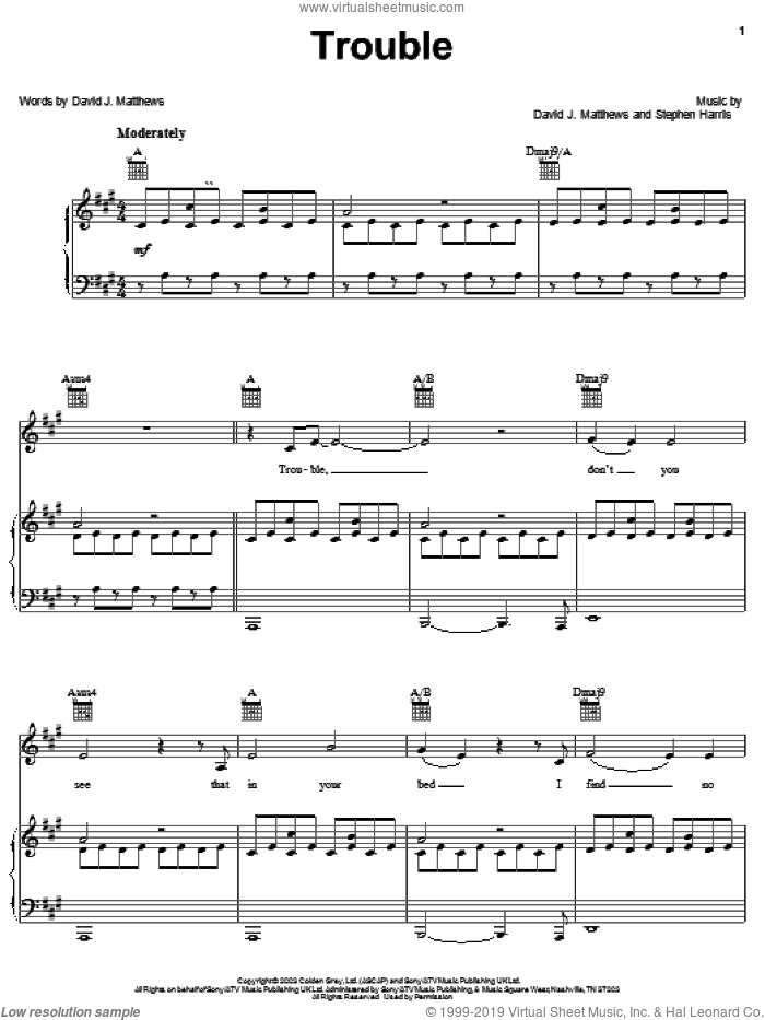 Trouble sheet music for voice, piano or guitar by Dave Matthews, David Matthews and Steve Harris, intermediate skill level