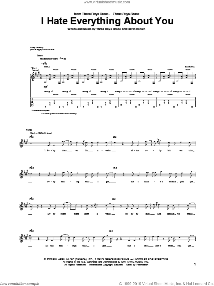 I Hate Everything About You sheet music for guitar (tablature) by Three Days Grace and Gavin Brown, intermediate skill level