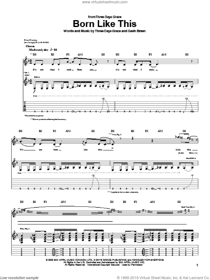 Born Like This sheet music for guitar (tablature) by Three Days Grace and Gavin Brown, intermediate skill level
