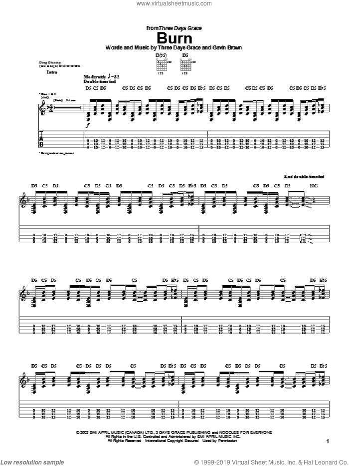 Burn sheet music for guitar (tablature) by Three Days Grace and Gavin Brown, intermediate skill level