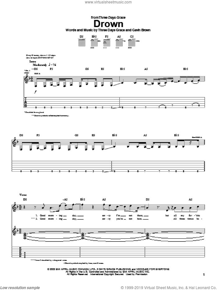Drown sheet music for guitar (tablature) by Three Days Grace and Gavin Brown, intermediate skill level