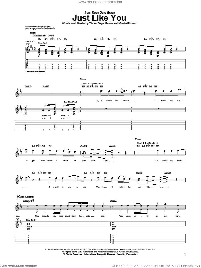 Just Like You sheet music for guitar (tablature) by Three Days Grace and Gavin Brown, intermediate skill level