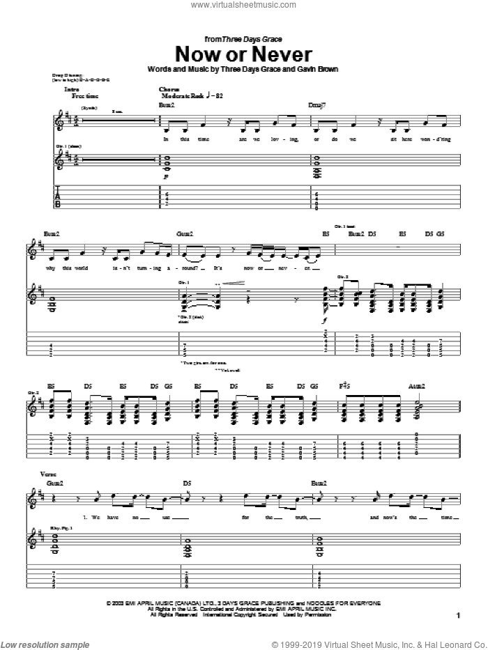 Now Or Never sheet music for guitar (tablature) by Three Days Grace and Gavin Brown, intermediate skill level