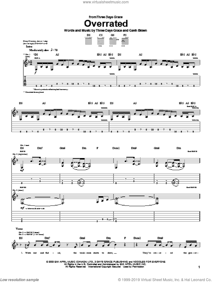 Overrated sheet music for guitar (tablature) by Three Days Grace and Gavin Brown, intermediate skill level