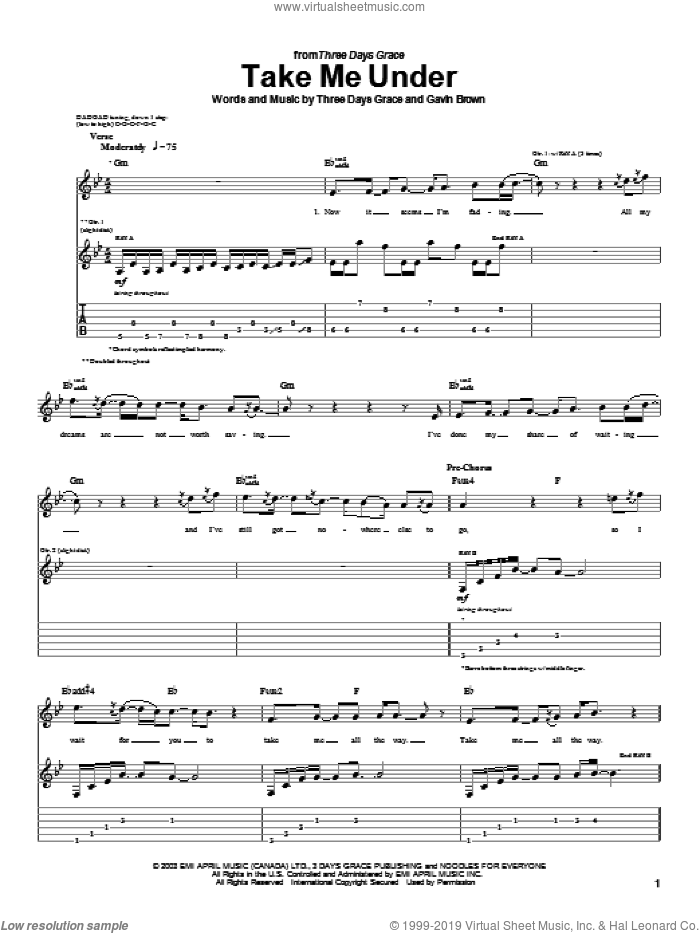 Take Me Under sheet music for guitar (tablature) by Three Days Grace and Gavin Brown, intermediate skill level