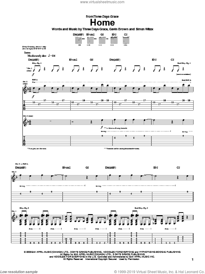 Home sheet music for guitar (tablature) by Three Days Grace, Gavin Brown and Simon Wilcox, intermediate skill level