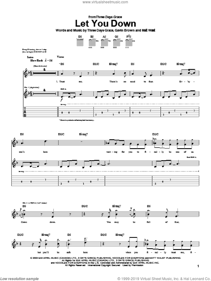 Let You Down sheet music for guitar (tablature) by Three Days Grace, Gavin Brown and Matt Walst, intermediate skill level