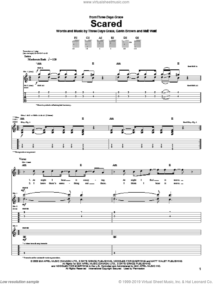 Scared sheet music for guitar (tablature) by Three Days Grace, Gavin Brown and Matt Walst, intermediate skill level