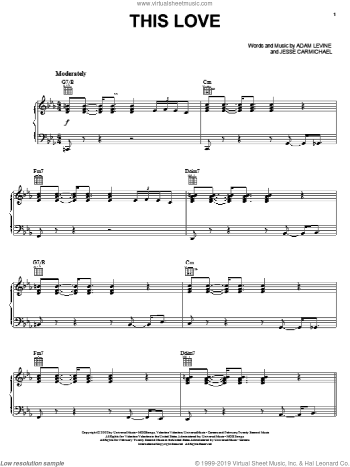 This Love sheet music for voice, piano or guitar by Maroon 5, Adam Levine and Jesse Carmichael, intermediate skill level