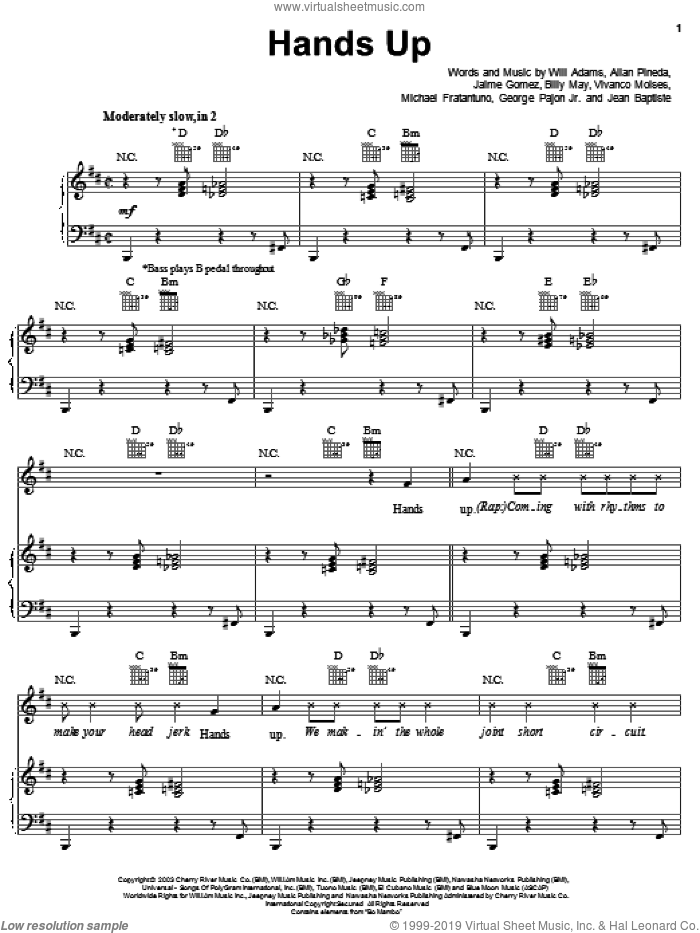 Hands Up sheet music for voice, piano or guitar by Black Eyed Peas, Allan Pineda, Jaime Gomez and Will Adams, intermediate skill level