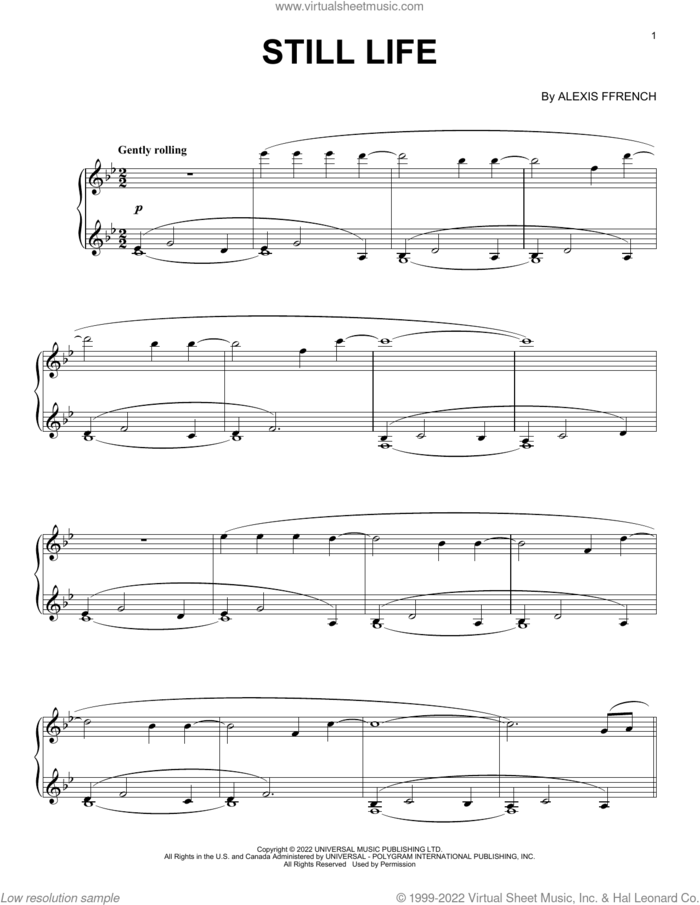 Still Life sheet music for piano solo by Alexis Ffrench, intermediate skill level