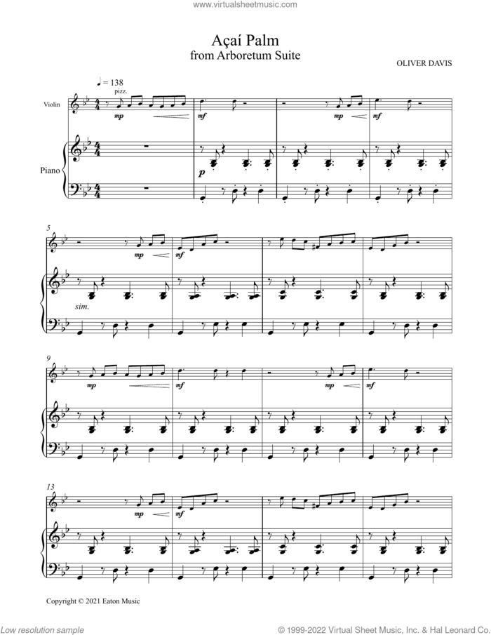 Acai Palm sheet music for violin and piano by Oliver Davis, classical score, intermediate skill level