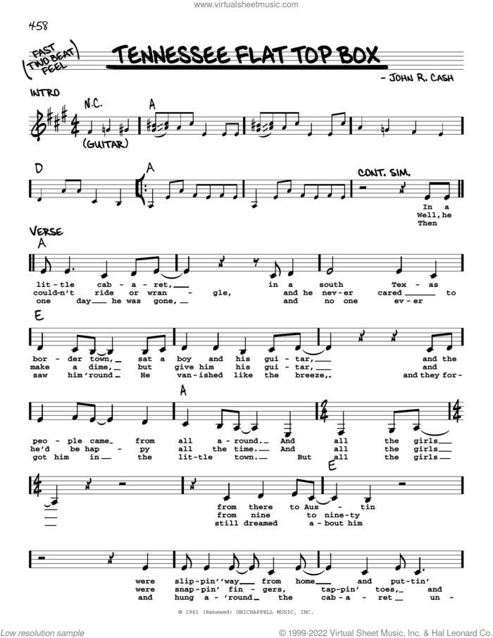 Tennessee Flat Top Box sheet music for voice and other instruments (real book with lyrics) by Johnny Cash and Rosanne Cash, intermediate skill level