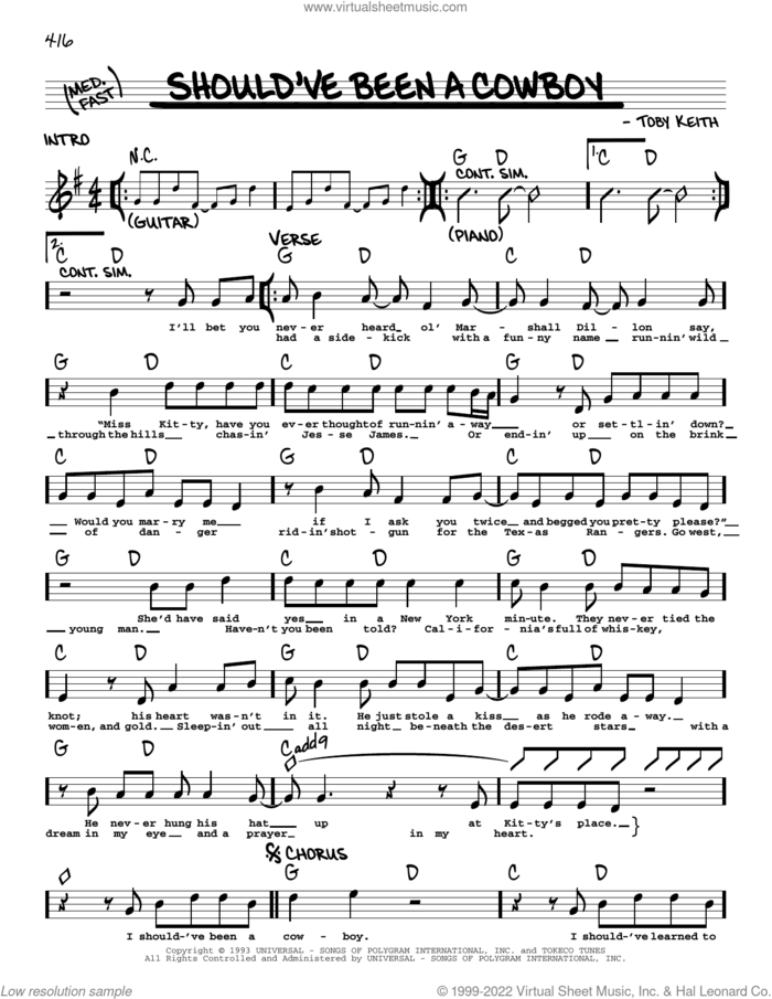 Should've Been A Cowboy sheet music for voice and other instruments (real book with lyrics) by Toby Keith, intermediate skill level
