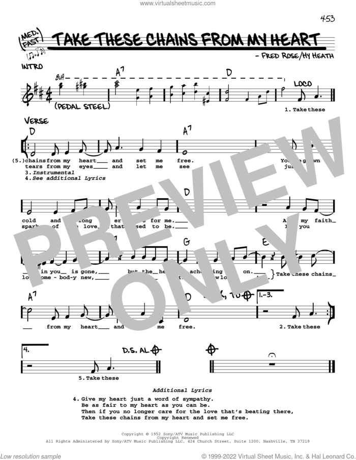 Take These Chains From My Heart sheet music for voice and other instruments (real book with lyrics) by Hank Williams, Fred Rose and Hy Heath, intermediate skill level