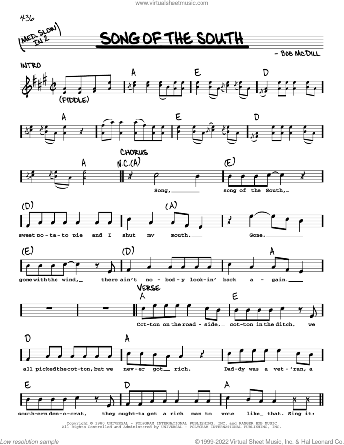 Song Of The South sheet music for voice and other instruments (real book with lyrics) by Alabama and Bob McDill, intermediate skill level