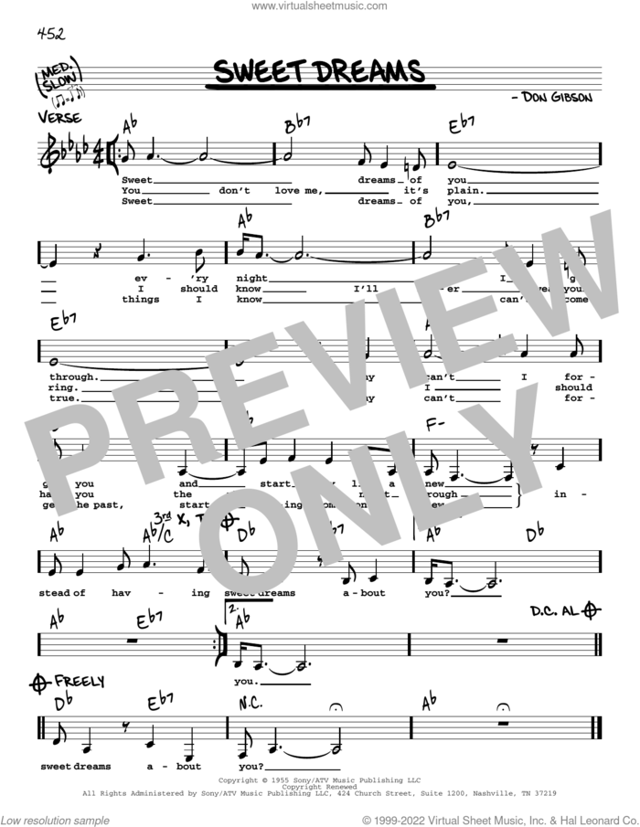 Sweet Dreams sheet music for voice and other instruments (real book with lyrics) by Patsy Cline, Emmylou Harris and Don Gibson, intermediate skill level