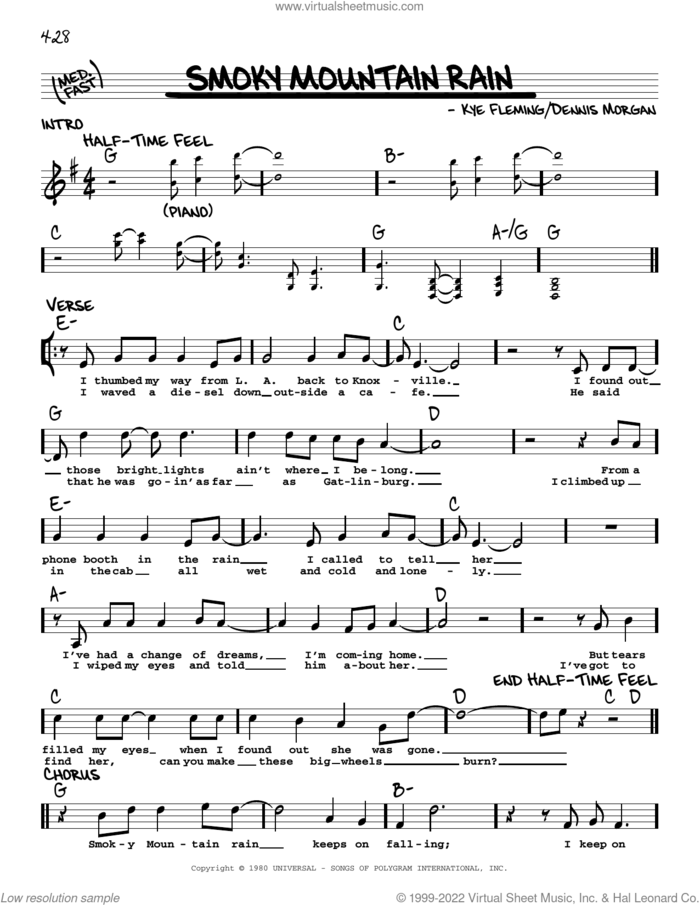 Smoky Mountain Rain sheet music for voice and other instruments (real book with lyrics) by Ronnie Milsap, Ronnie Milsap and Dolly Parton, Dennis Morgan and Kye Fleming, intermediate skill level