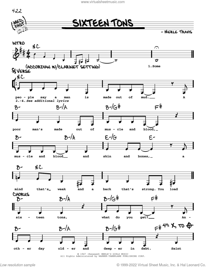 Sixteen Tons sheet music for voice and other instruments (real book with lyrics) by Tennessee Ernie Ford and Merle Travis, intermediate skill level