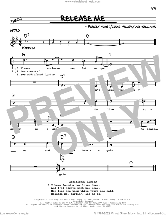 Release Me sheet music for voice and other instruments (real book with lyrics) by Engelbert Humperdinck, Elvis Presley, Ray Price, Dub Williams, Eddie Miller and Robert Yount, intermediate skill level