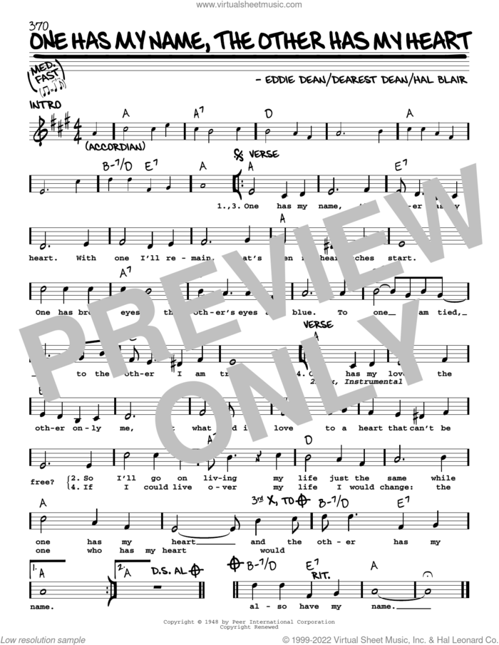 One Has My Name, The Other Has My Heart sheet music for voice and other instruments (real book with lyrics) by Jimmy Wakely, Dearest Dean, Eddie Dean and Hal Blair, intermediate skill level