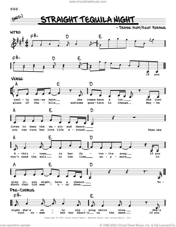 Straight Tequila Night sheet music for voice and other instruments (real book with lyrics) by John Anderson, Debbie Hupp and Kent Robbins, intermediate skill level