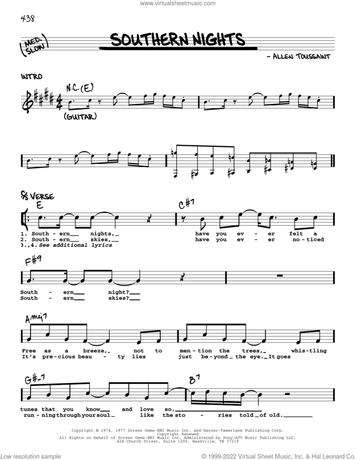 Southern Nights sheet music for voice and other instruments (real book with lyrics) by Glen Campbell and Allen Toussaint, intermediate skill level