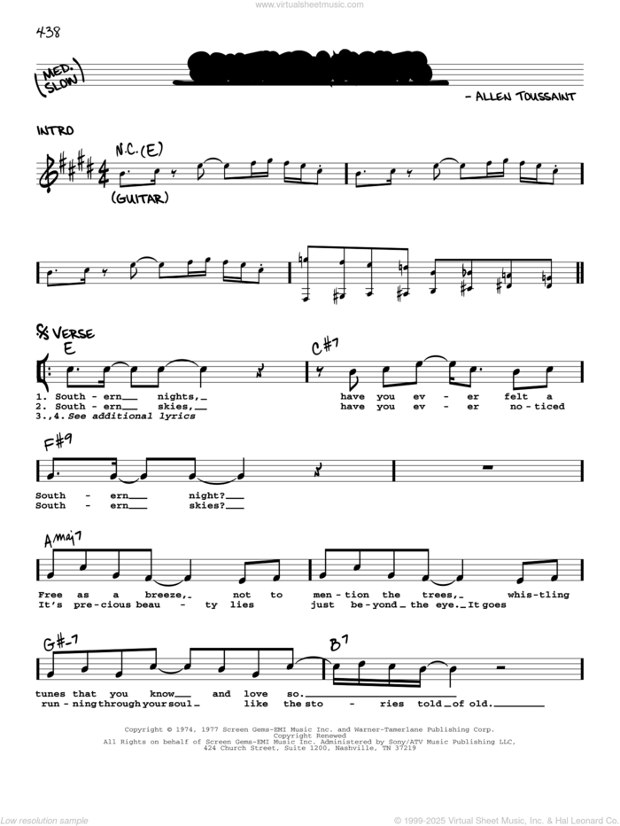 Southern Nights sheet music for voice and other instruments (real book with lyrics) by Glen Campbell and Allen Toussaint, intermediate skill level