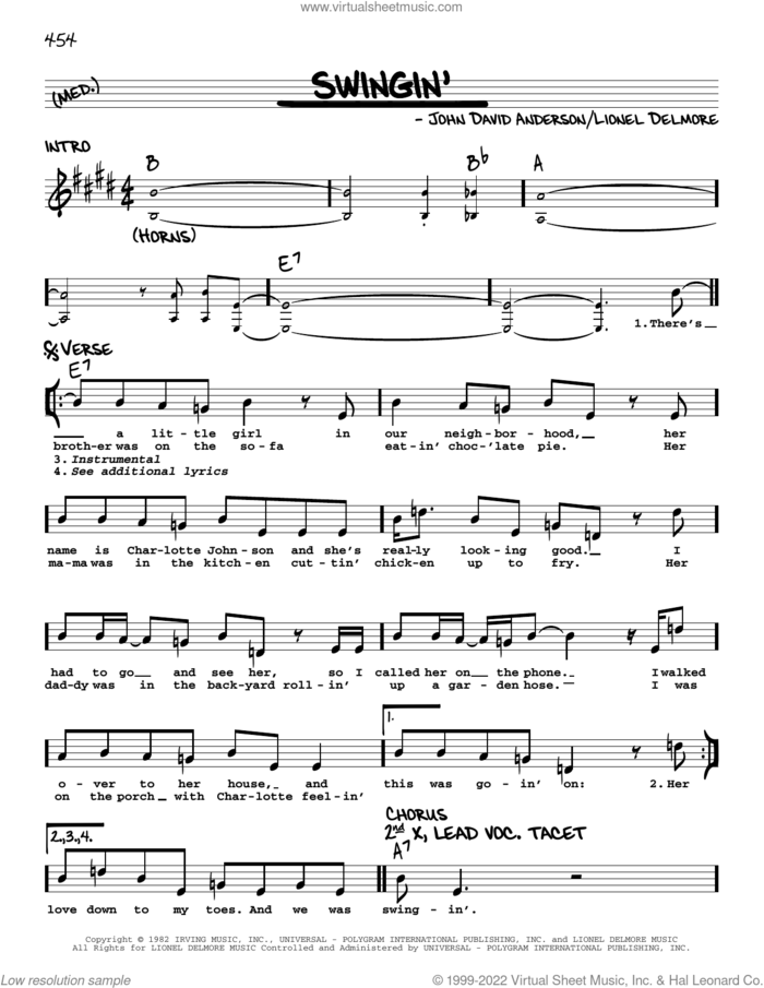 Swingin' sheet music for voice and other instruments (real book with lyrics) by John Anderson, John David Anderson and Lionel Delmore, intermediate skill level