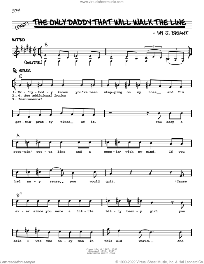 The Only Daddy That Will Walk The Line sheet music for voice and other instruments (real book with lyrics) by Waylon Jennings and Ivy J. Bryant, intermediate skill level