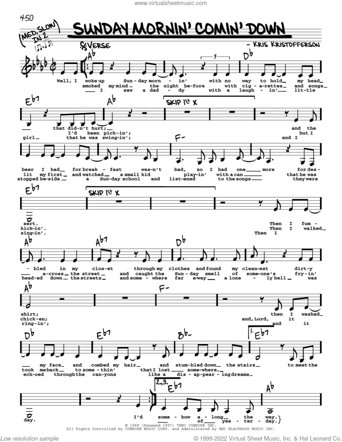Sunday Mornin' Comin' Down sheet music for voice and other instruments (real book with lyrics) by Kris Kristofferson and Johnny Cash, intermediate skill level