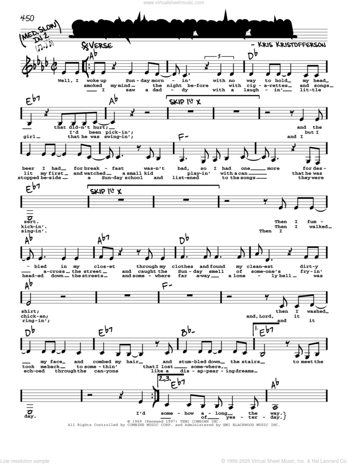 Sunday Mornin' Comin' Down sheet music for voice and other instruments (real book with lyrics) by Kris Kristofferson and Johnny Cash, intermediate skill level