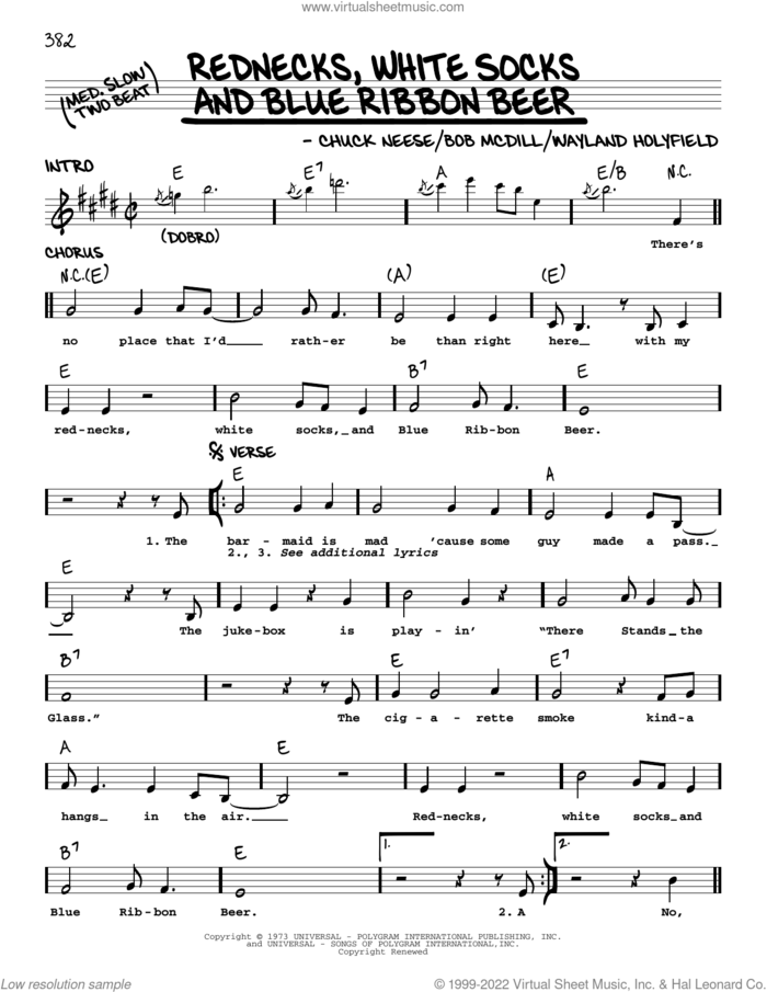 Rednecks, White Socks And Blue Ribbon Beer sheet music for voice and other instruments (real book with lyrics) by Johnny Russell, Bob McDill, Chuck Neese and Wayland Holyfield, intermediate skill level