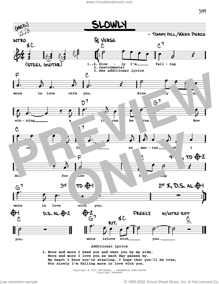 Slowly sheet music for voice and other instruments (real book with lyrics) by Webb Pierce, Kippi Brannon and Tommy Hill, intermediate skill level