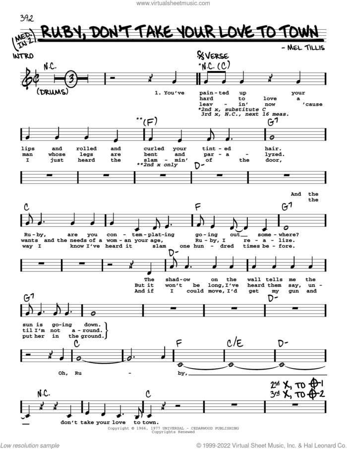 Ruby, Don't Take Your Love To Town sheet music for voice and other instruments (real book with lyrics) by Kenny Rogers, Johnny Darrell and Mel Tillis, intermediate skill level