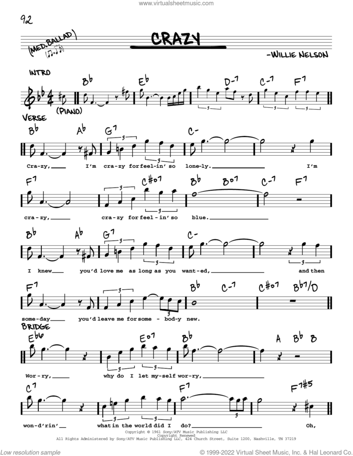 Crazy sheet music for voice and other instruments (real book with lyrics) by Patsy Cline and Willie Nelson, intermediate skill level