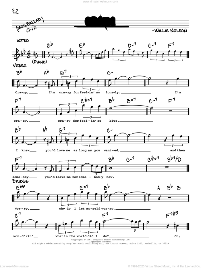 Crazy sheet music for voice and other instruments (real book with lyrics) by Patsy Cline and Willie Nelson, intermediate skill level