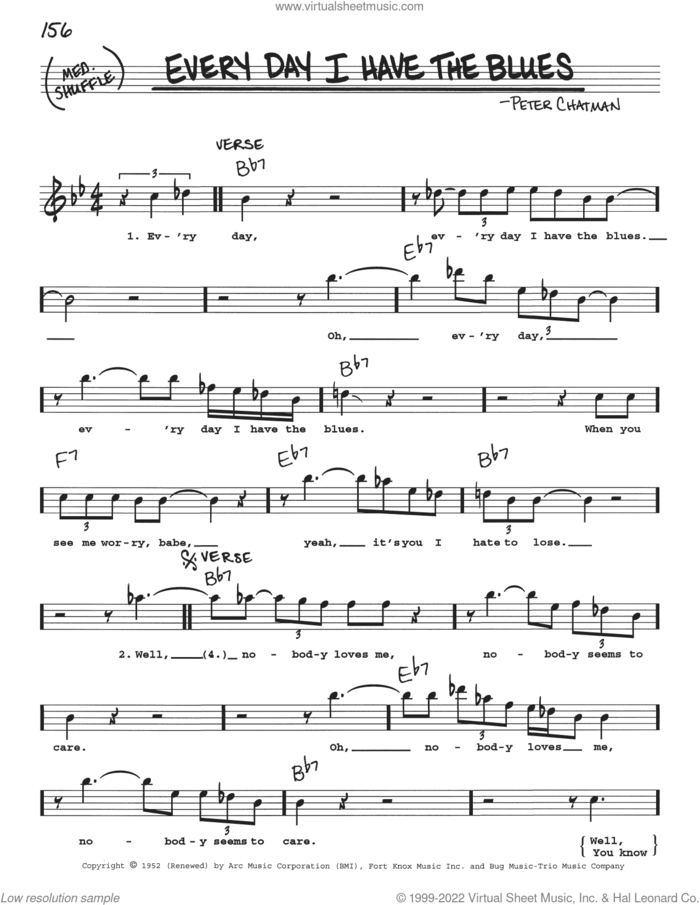 Every Day I Have The Blues sheet music for voice and other instruments (real book with lyrics) by B.B. King and Peter Chatman, intermediate skill level