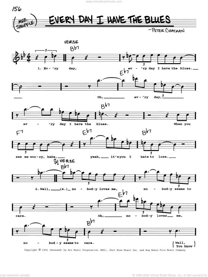 Every Day I Have The Blues sheet music for voice and other instruments (real book with lyrics) by B.B. King and Peter Chatman, intermediate skill level