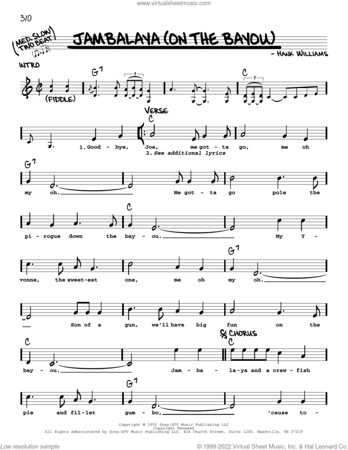 Jambalaya (On The Bayou) sheet music for voice and other instruments (real book with lyrics) by Hank Williams, intermediate skill level