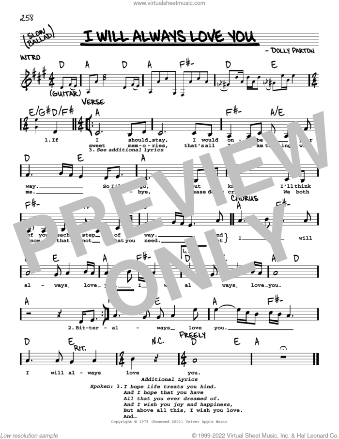 I Will Always Love You sheet music for voice and other instruments (real book with lyrics) by Dolly Parton and Whitney Houston, wedding score, intermediate skill level