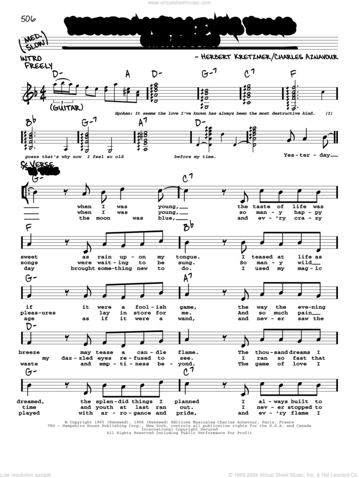 Yesterday, When I Was Young (Hier Encore) sheet music for voice and other instruments (real book with lyrics) by Roy Clark, Charles Aznavour and Herbert Kretzmer, intermediate skill level