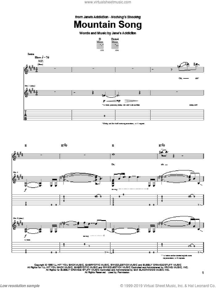 Mountain Song sheet music for guitar (tablature) by Jane's Addiction, Dave Navarro, Perry Farrell and Stephen Perkins, intermediate skill level