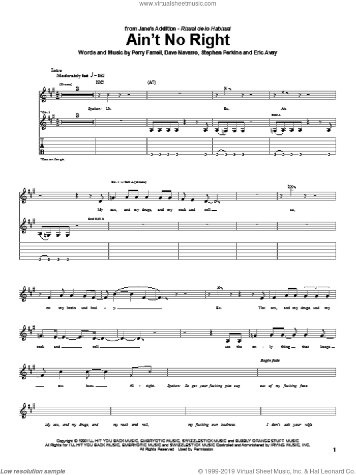 Ain't No Right sheet music for guitar (tablature) by Jane's Addiction, Dave Navarro, Perry Farrell and Stephen Perkins, intermediate skill level