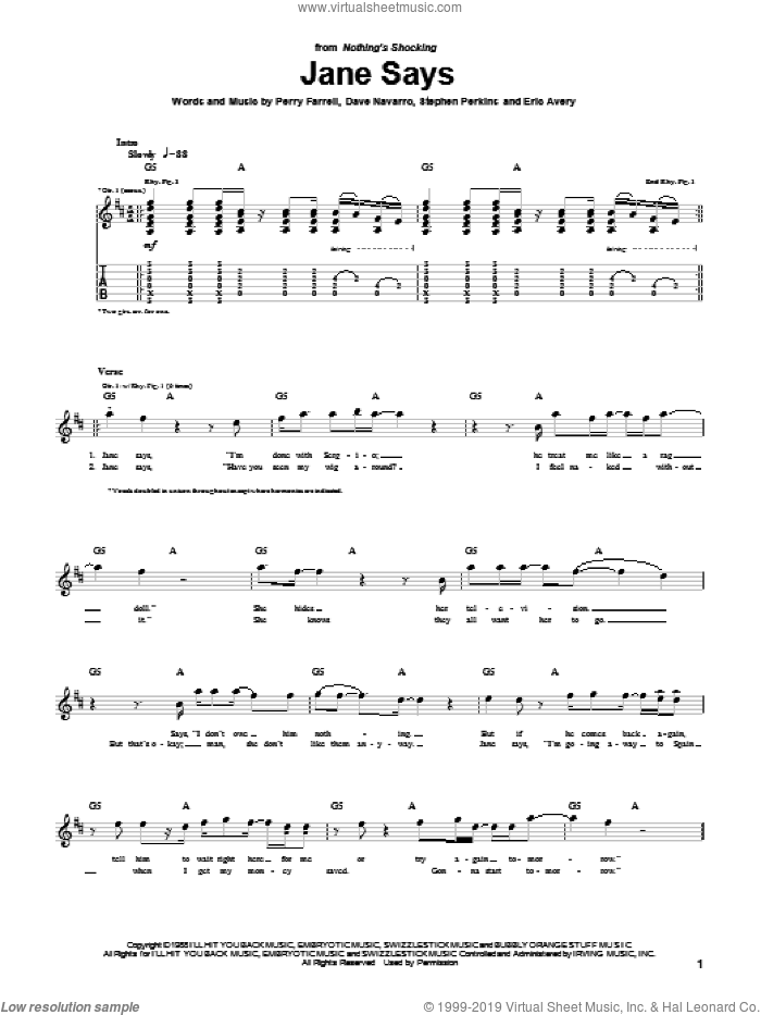 Jane Says sheet music for guitar (tablature) by Jane's Addiction, Dave Navarro, Perry Farrell and Stephen Perkins, intermediate skill level